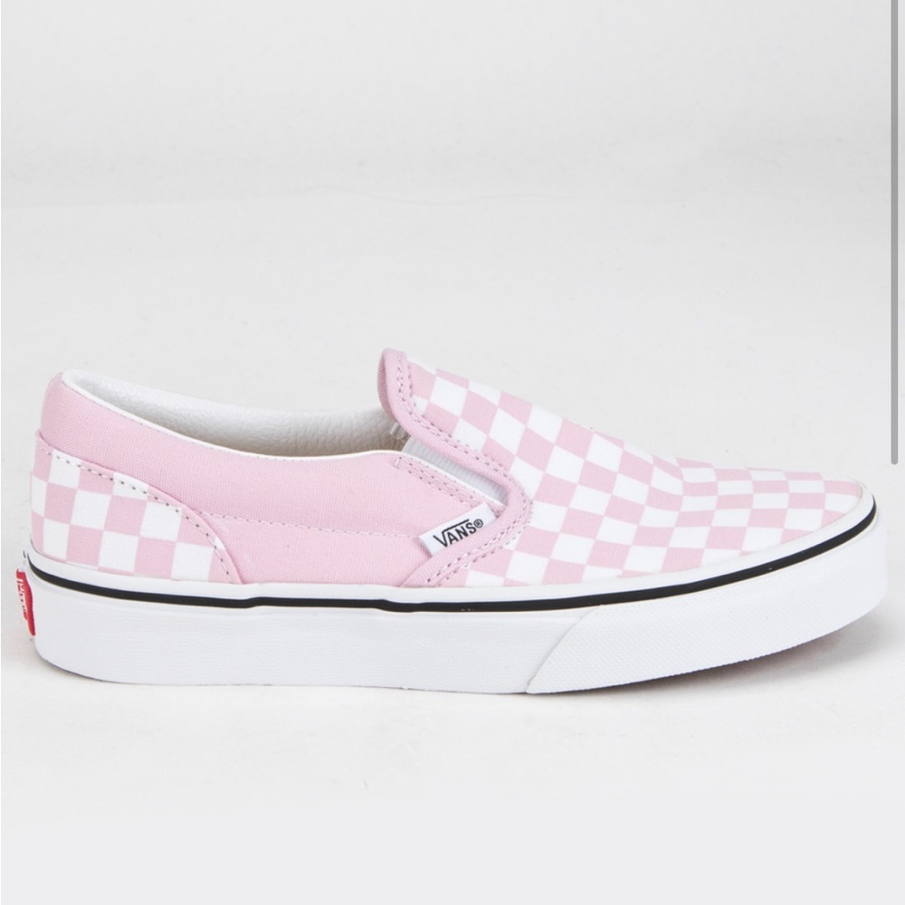 Pink and white checkered slip on vans